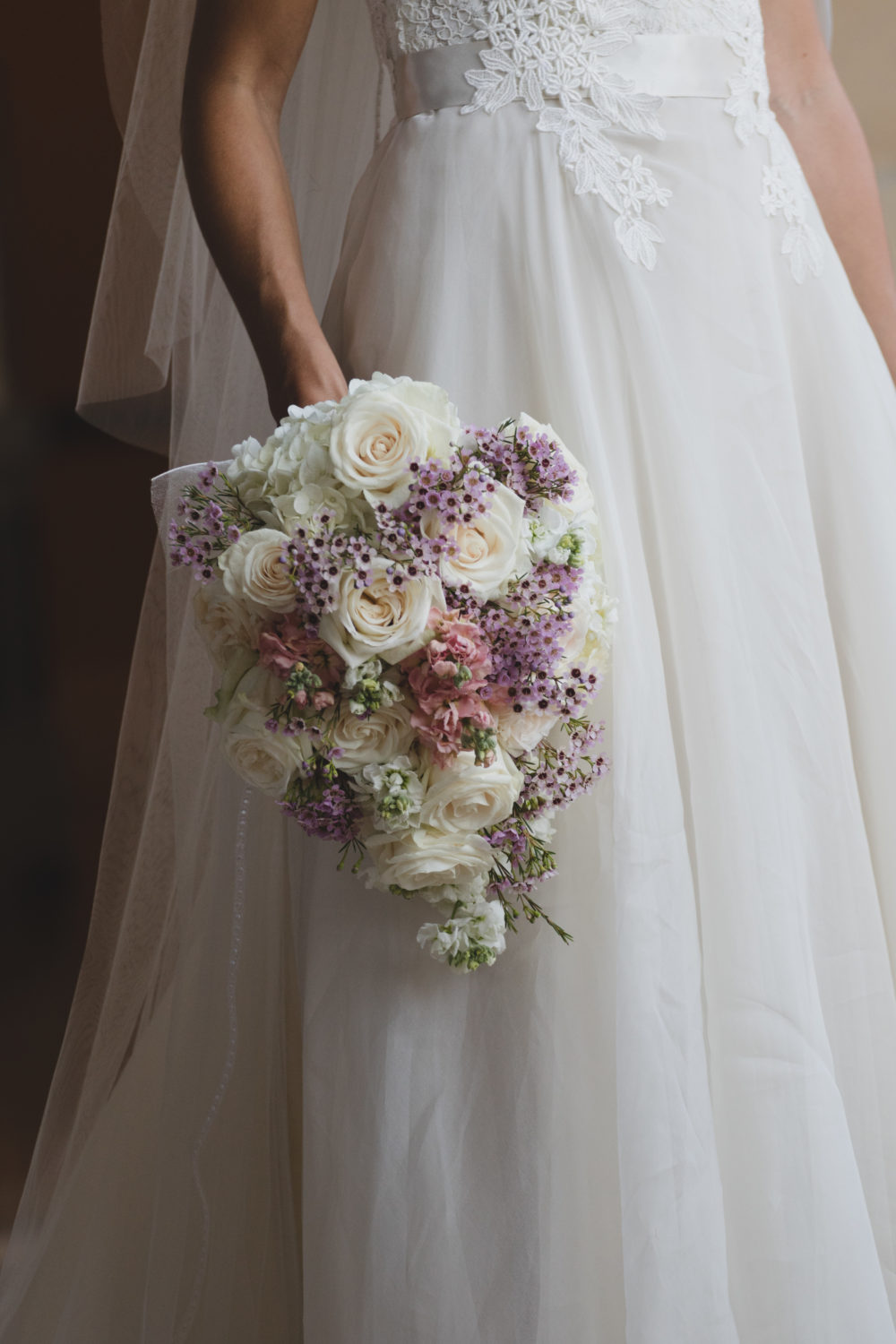 purple and white cascading bridal bouquet