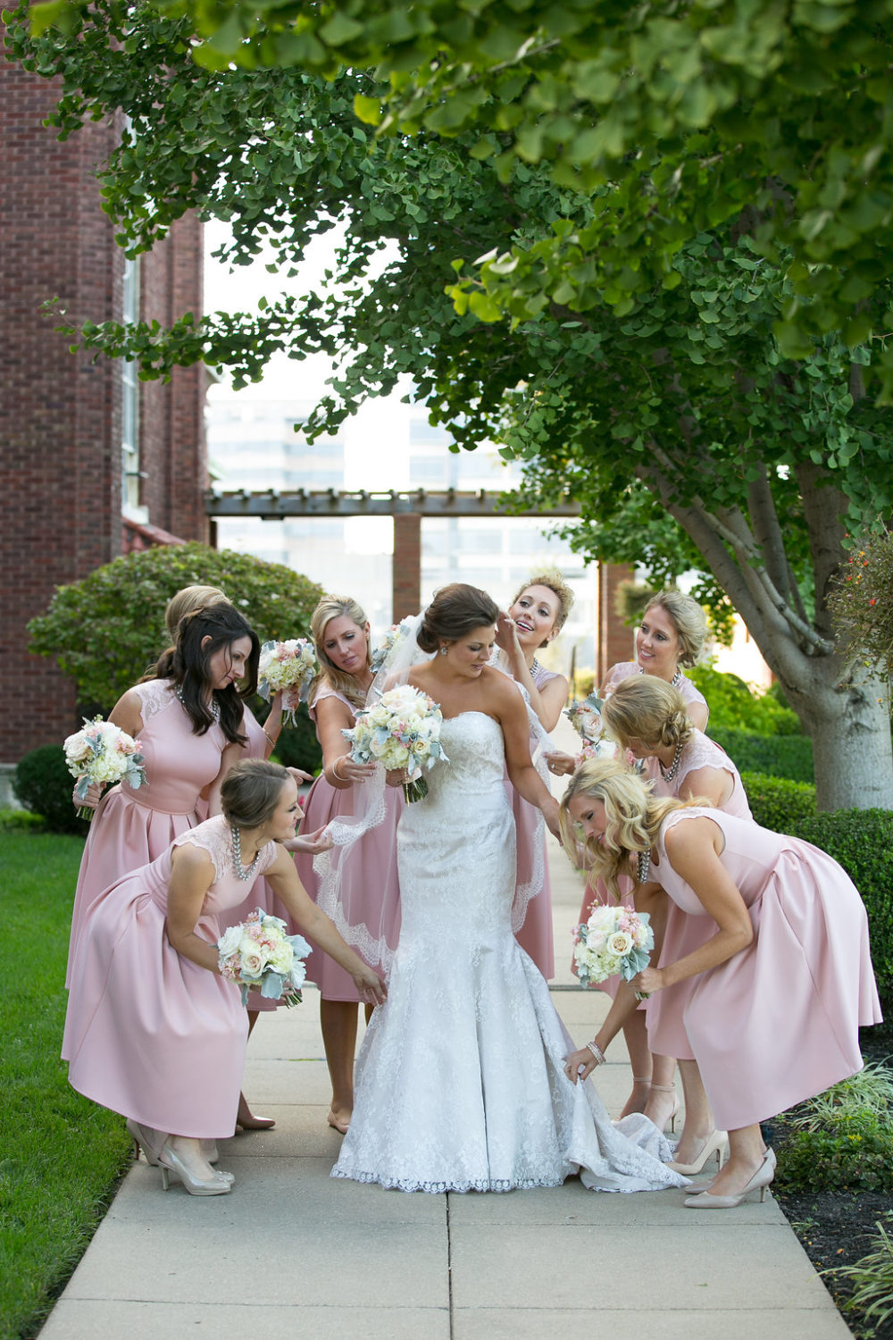 pink Bridesmaids tea length dresses